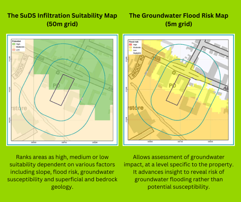 Ranks areas as high, medium or low suitability dependent on various factors including slope, flood risk, groundwater susceptibility and superficial and bedrock geology.